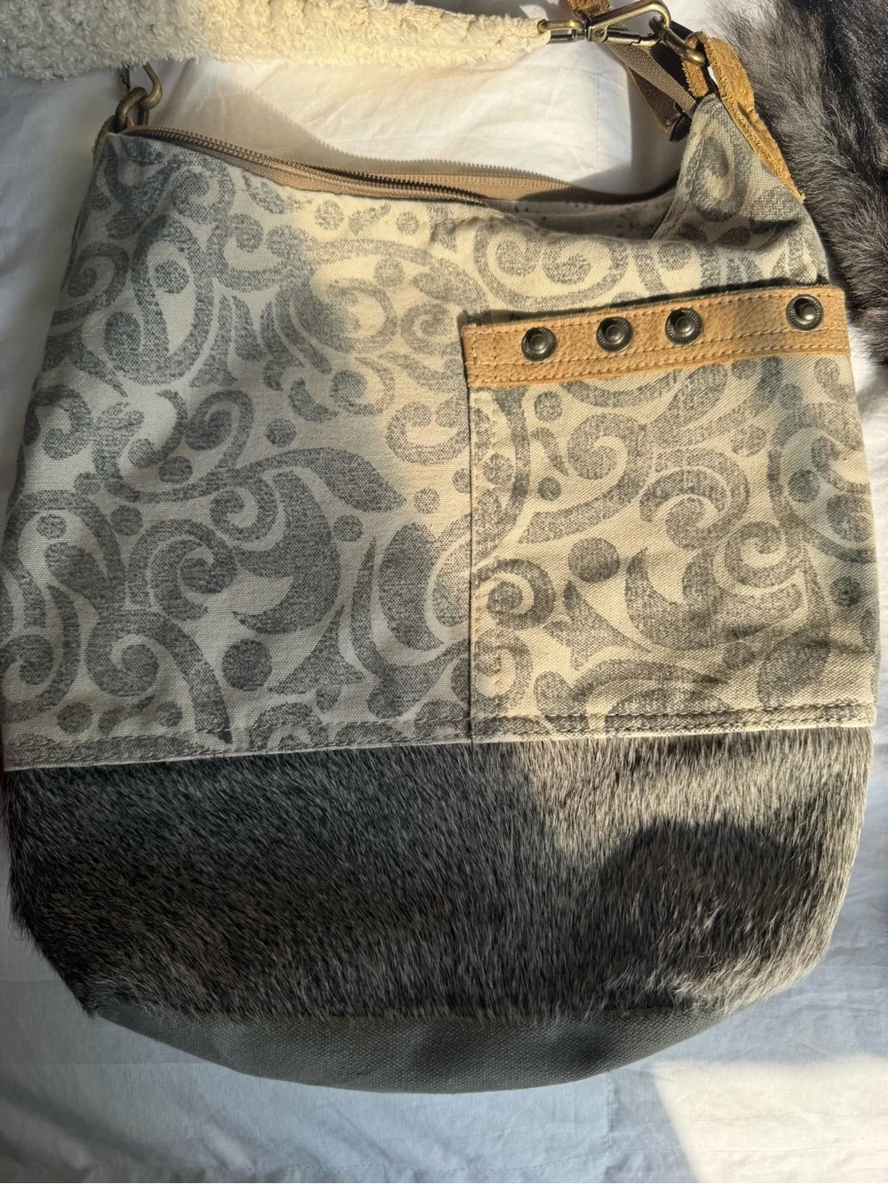 Myra Bag Gray Pattern Canvas Hobo with Tan Leather Trim and Dark Fur Base